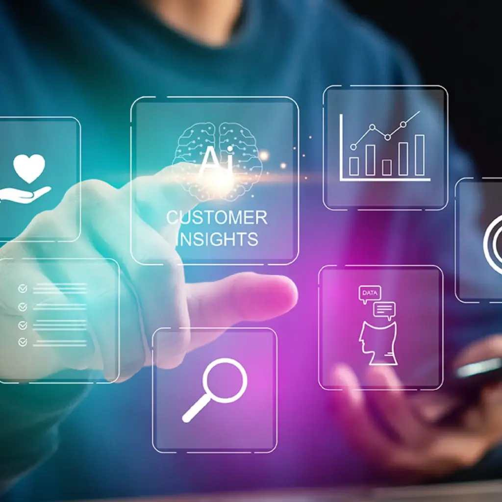 Person interacting with a futuristic AI customer insights dashboard showing analytics, search, and data visualization icons.