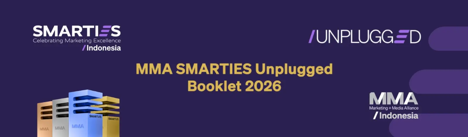 MMA SMARTIES Unplugged Booklet 2026 banner featuring SMARTIES Indonesia and MMA Indonesia branding on a purple background with award trophy graphics.